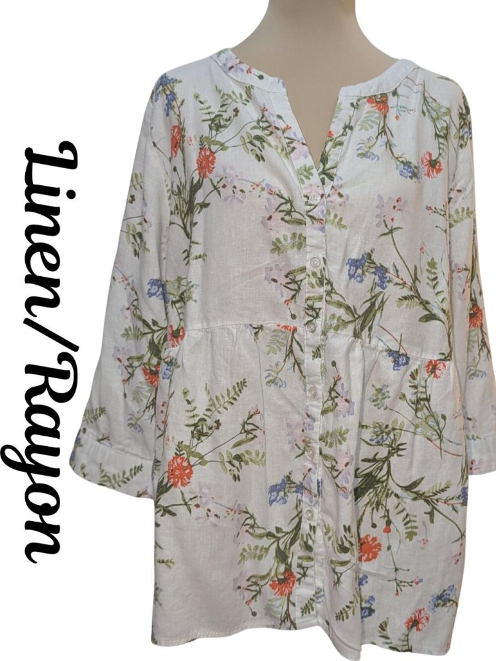 Jones & Co Floral Linen Blend Button Front Peplum Tunic Top